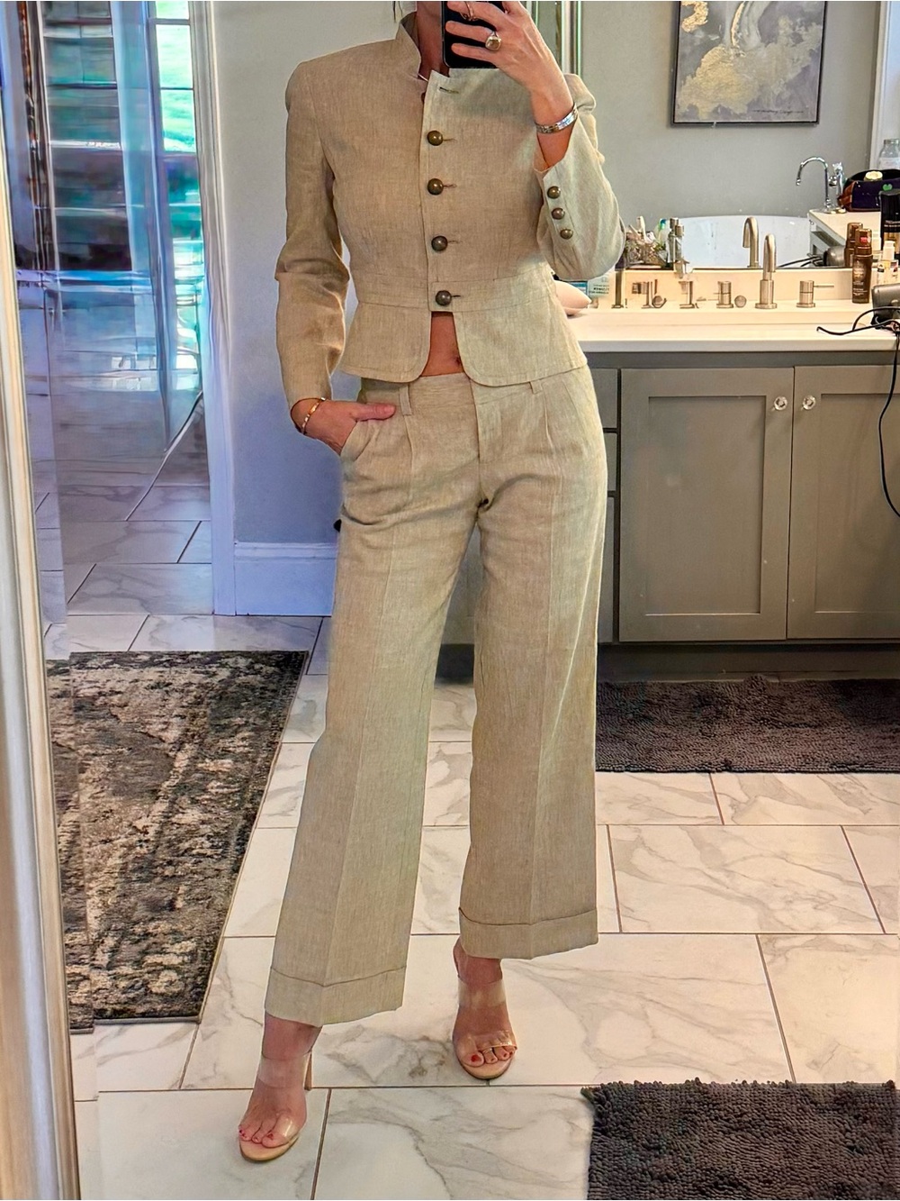 Trina Turk Linen-Cotton Blend Cropped Jacket & Wide-Leg Pants Set